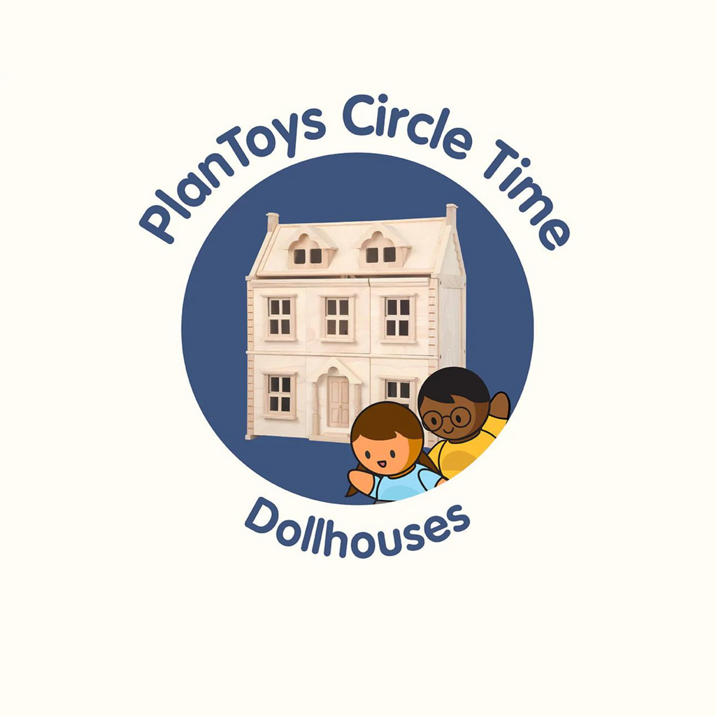 Title is PlanToys Circle Time, Dollhouses. Shows 2 children waving in front of a dollhouse.